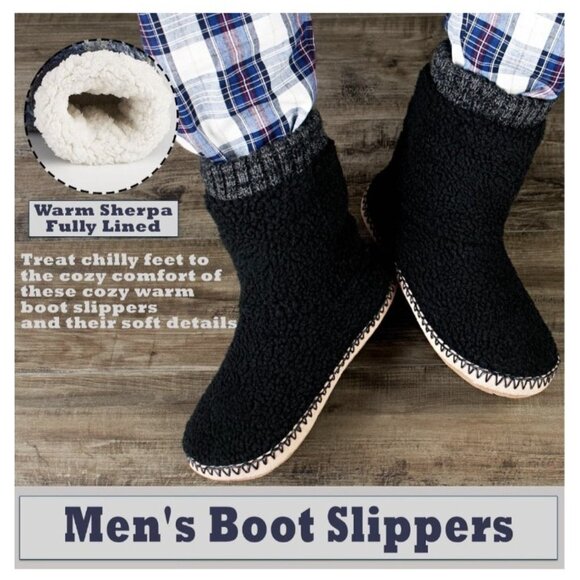 Men's Warm Up House Boots, Thick Fuzzy Sherpa Fleece Winter 10-11 Fleece Black - Picture 3 of 6